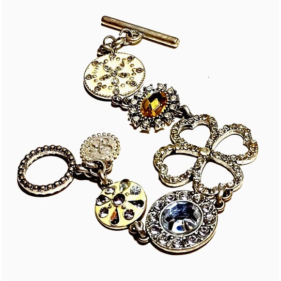 Jessica Simpson Bracelet Chain Clover Silvertone Sand Dollar Disc Star Toggle 7" - Picture 2 of 16